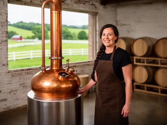 A smiling distiller in a brown apron beside a new copper pot still with oak barrels behind.