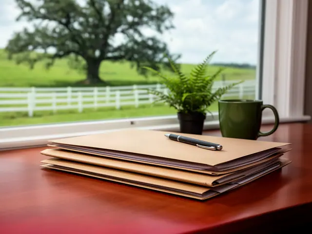A neat stack of closed manila folders and a pen on a desk by a window.