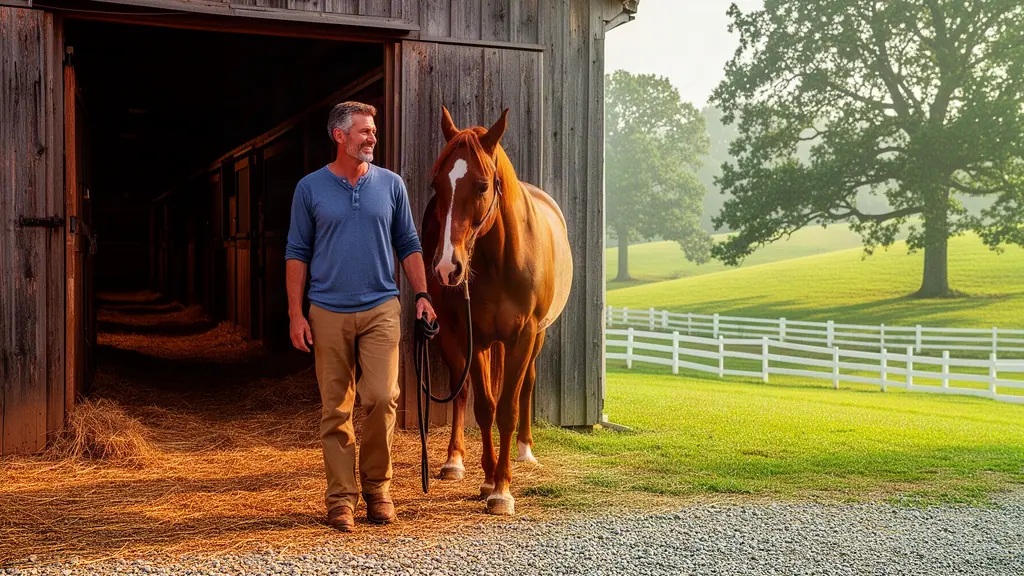 A smiling stable owner leading a chestnut horse out of a wooden barn into morning light, white board fences beyond.