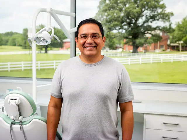 A dentist standing beside a dental chair.