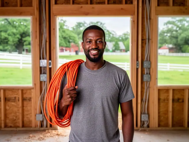 An electrician with a coil of cable in a framed building.