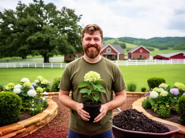 A smiling landscaper holding a potted white hydrangea beside new stone-edged beds, horse farms beyond.