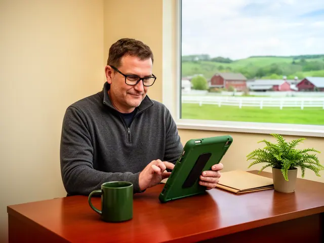 A man with short brown hair and black-framed glasses reviewing a tablet at a desk in a small back office.