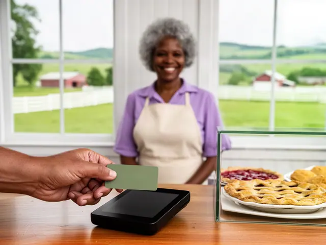 A customer taps a sage-green card on a counter terminal at a pie bakery.