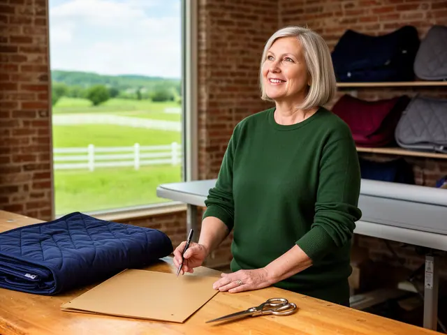 A smiling saddle-pad maker in a green sweater at a worktable with quilted pads and a closed folder.